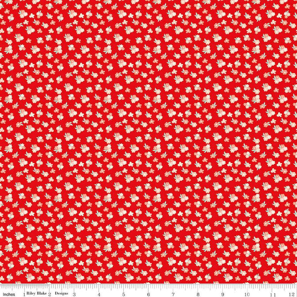 Image of the You & Me Tossed Floral Red quilting cotton fabric by Sandy Gervais for Riley Blake Designs. Features small blossoms on a red background.
Cute Little Fabric Shop