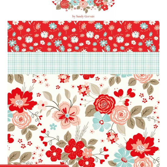 Image of the Sweetheart Storyboard by My Minds Eye for Riley Blake Designs. Features valentines day fabrics with red, pink, and cream backgrounds. 
Cute Little Fabric Shop