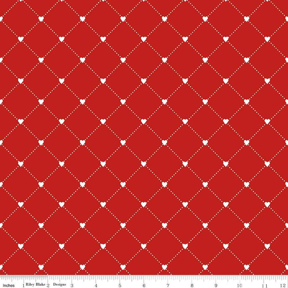 Image of the Take Heart Heart Cross Red quilting cotton fabric by J. Wecker Frisch for Riley Blake Designs. Features a grid with hearts on a red background.
Cute Little Fabric Shop