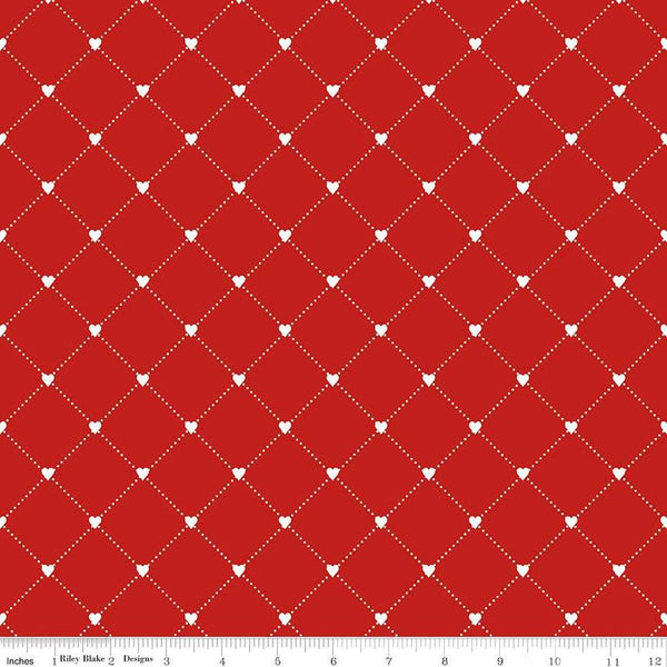 Image of the Take Heart Heart Cross Red quilting cotton fabric by J. Wecker Frisch for Riley Blake Designs. Features a grid with hearts on a red background.
Cute Little Fabric Shop