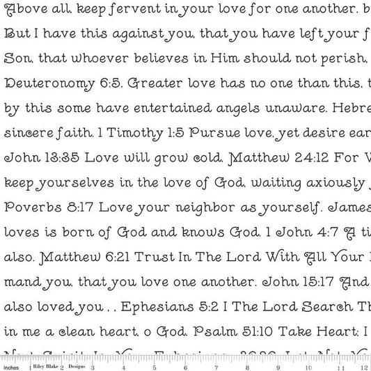 Image of the Take Heart Love Scripture White quilting cotton fabric by J. Wecker Frisch for Riley Blake Designs. Features scripture texts on a white background.
Cute Little Fabric Shop