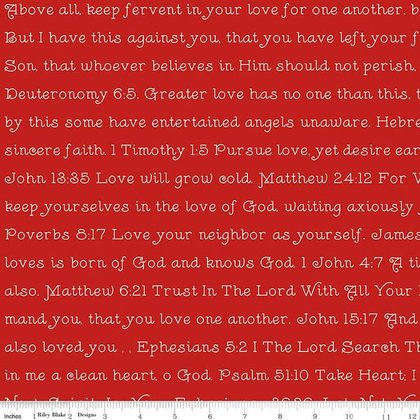 Image of the Take Heart Love Scripture Red quilting cotton fabric by J. Wecker Frisch for Riley Blake Designs. Features scripture texts on a red background.
Cute Little Fabric Shop