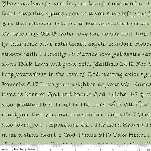 Image of the Take Heart Love Scripture Green quilting cotton fabric by J. Wecker Frisch for Riley Blake Designs. Features scripture texts on a green background.
Cute Little Fabric Shop
