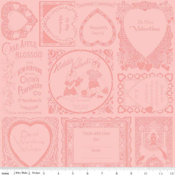 Image of the Take Heart Frame Blender Pink quilting cotton fabric by J. Wecker Frisch for Riley Blake Designs. Features tone-on-tone vintage valentine images and text on a pink background.
Cute Little Fabric Shop