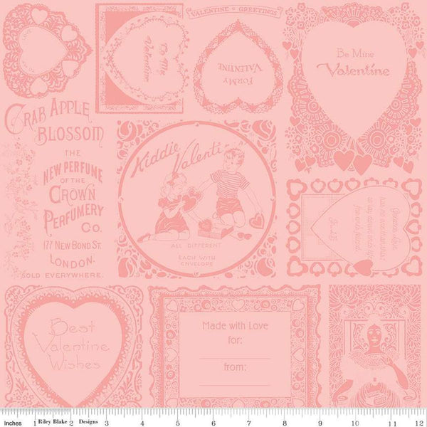 Image of the Take Heart Frame Blender Pink quilting cotton fabric by J. Wecker Frisch for Riley Blake Designs. Features tone-on-tone vintage valentine images and text on a pink background.
Cute Little Fabric Shop