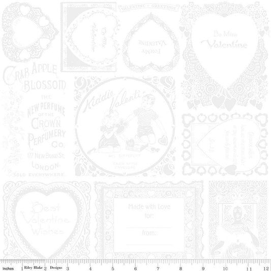 Image of the Take Heart Frame Blender White quilting cotton fabric by J. Wecker Frisch for Riley Blake Designs. Features tone-on-tone vintage valentine images and text on a white background.
Cute Little Fabric Shop
