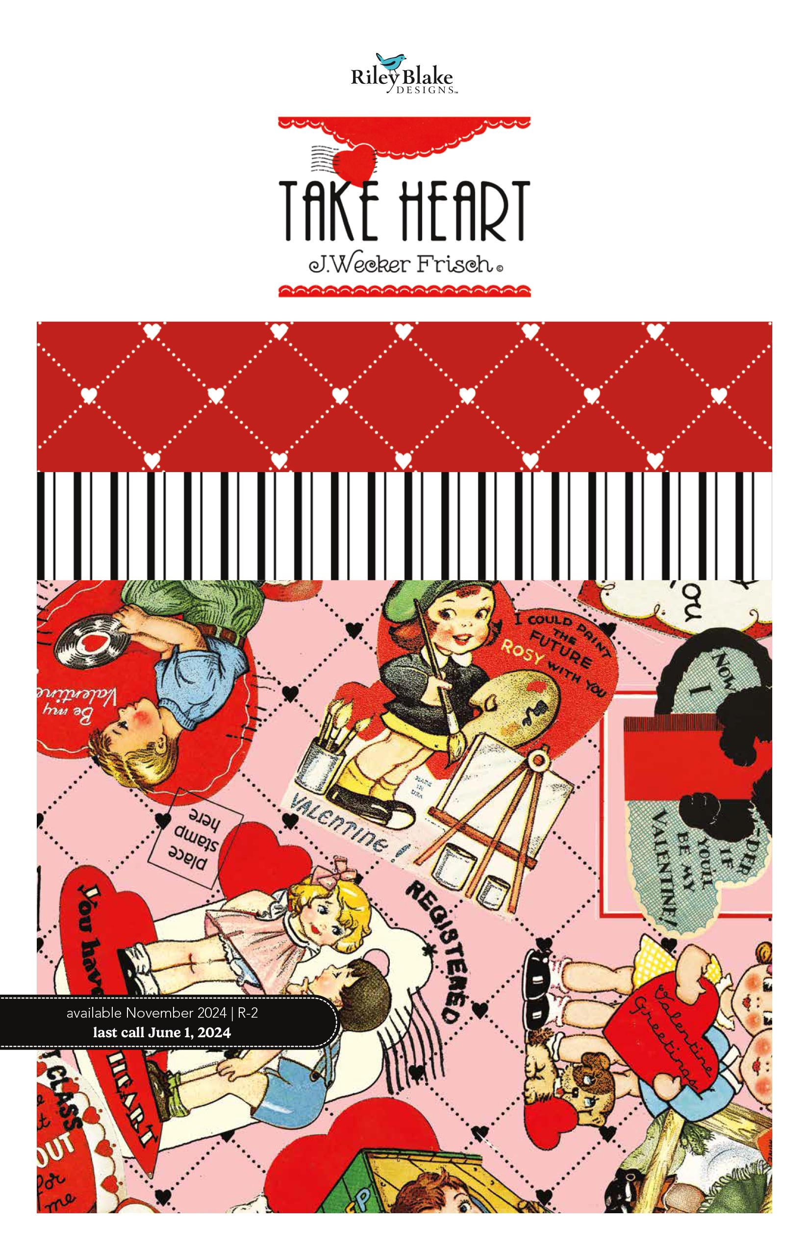 Image of the Take Heart Storyboard quilting cotton fabric by J. Wecker Frisch by Riley Blake Designs. Features valentines day themed fabrics.
Cute Little Fabric Shop