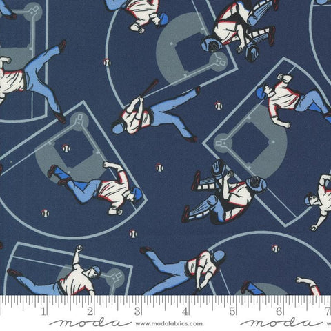 Image of the Play Ball Home Run Navy quilting cotton fabric by Moda Fabrics. Features novelty baseball players scattered on a blue background. 
Cute Little Fabric Shop