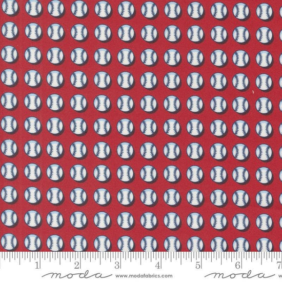 Image of the Play Ball Baseball Cardinal quilting cotton fabric by Moda Fabrics. Features novelty scattered baseballs on a red background. 
Cute Little Fabric Shop
