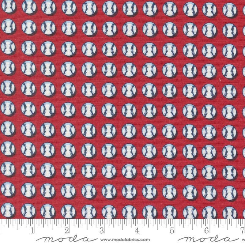 Image of the Play Ball Baseball Cardinal quilting cotton fabric by Moda Fabrics. Features novelty scattered baseballs on a red background. 
Cute Little Fabric Shop