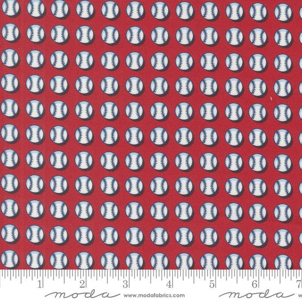 Image of the Play Ball Baseball Cardinal quilting cotton fabric by Moda Fabrics. Features novelty scattered baseballs on a red background. 
Cute Little Fabric Shop