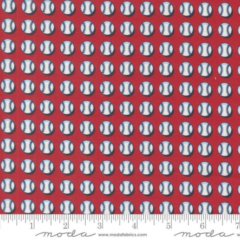 Image of the Play Ball Baseball Cardinal quilting cotton fabric by Moda Fabrics. Features novelty scattered baseballs on a red background. 
Cute Little Fabric Shop