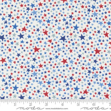 Image of the Play Ball Stars Chalk quilting cotton fabric by Moda Fabrics. Features novelty stars on a cream background. 
Cute Little Fabric Shop