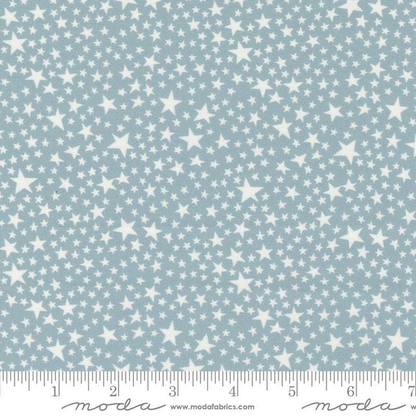 Image of the Play Ball Stars Dolohin quilting cotton fabric by Moda Fabrics. Features novelty stars on a blue background. 
Cute Little Fabric Shop