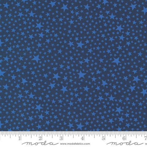 Image of the Play Ball Stars Navy quilting cotton fabric by Moda Fabrics. Features novelty stars on a blue background. 
Cute Little Fabric Shop