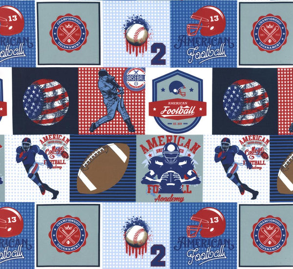 Image of the Play Ball Patchwork Navy quilting cotton fabric by Moda Fabrics. Features novelty patchwork squares of baseball and football on a blue background. 
Cute Little Fabric Shop