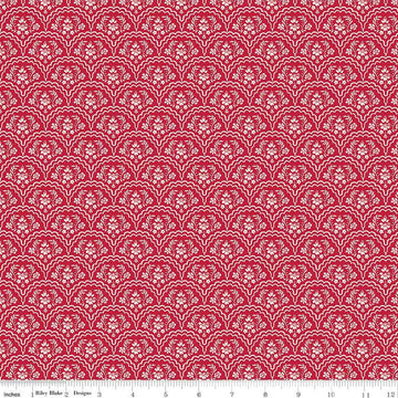 Image of the Red Delicious Strawberry Shortcake Red quilting cotton fabric by Riley Blake Designs. Features floral scallops on a red background. 
Cute Little Fabric Shop