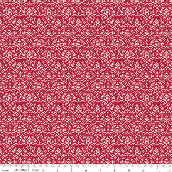 Image of the Red Delicious Strawberry Shortcake Red quilting cotton fabric by Riley Blake Designs. Features floral scallops on a red background. 
Cute Little Fabric Shop