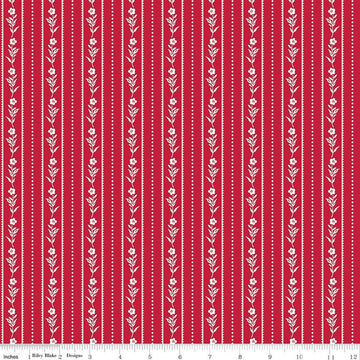 Image of the Red Delicious Currant Jelly Red quilting cotton fabric by Riley Blake Designs. Features floral and dotted stripes on a red background. 
Cute Little Fabric Shop