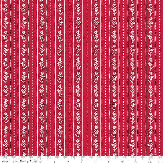 Image of the Red Delicious Currant Jelly Red quilting cotton fabric by Riley Blake Designs. Features floral and dotted stripes on a red background. 
Cute Little Fabric Shop