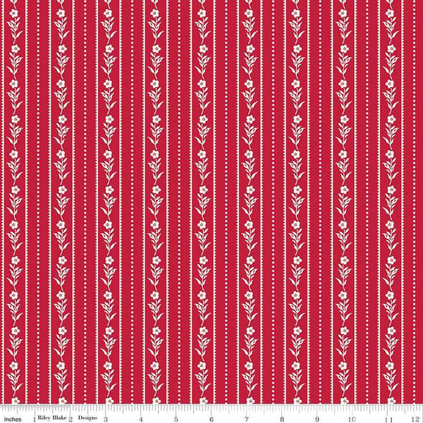 Image of the Red Delicious Currant Jelly Red quilting cotton fabric by Riley Blake Designs. Features floral and dotted stripes on a red background. 
Cute Little Fabric Shop