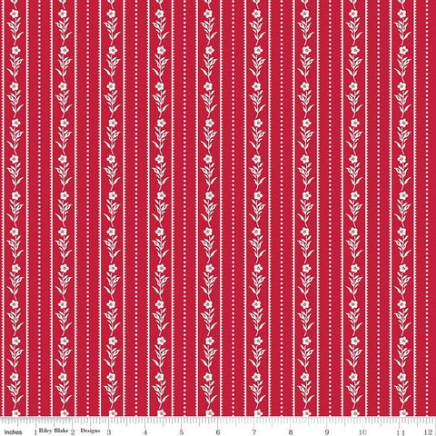 Image of the Red Delicious Currant Jelly Red quilting cotton fabric by Riley Blake Designs. Features floral and dotted stripes on a red background. 
Cute Little Fabric Shop