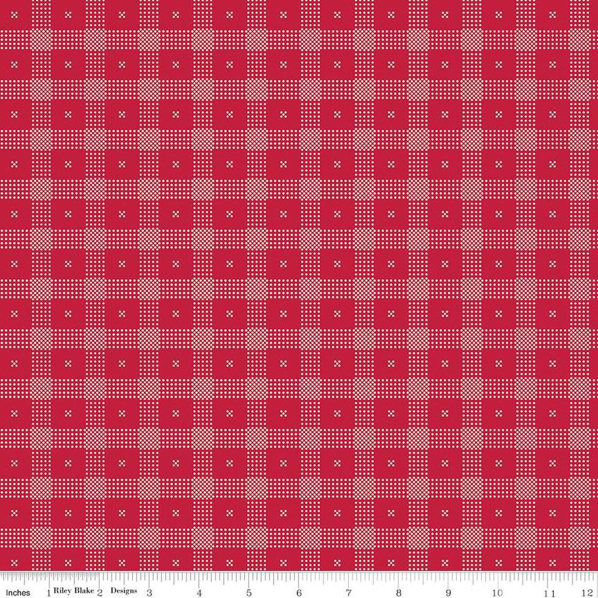 Image of the Red Delicious Candy Apple Red quilting cotton fabric by Riley Blake Designs. Features a red and white dotted plaid pattern on a red background. 
Cute Little Fabric Shop