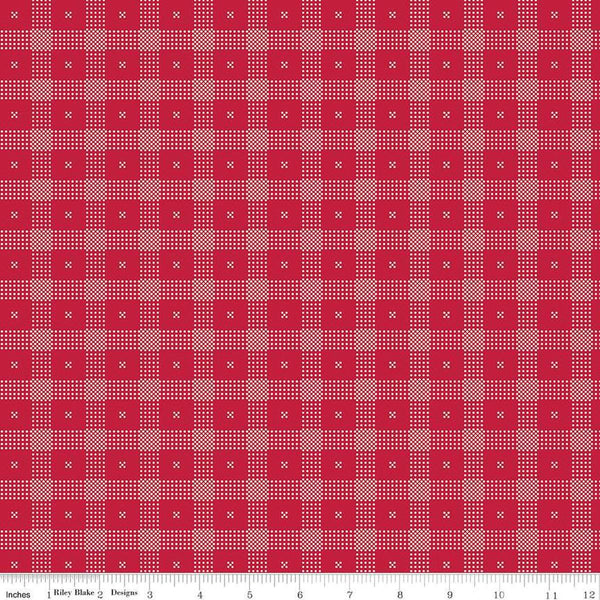 Image of the Red Delicious Candy Apple Red quilting cotton fabric by Riley Blake Designs. Features a red and white dotted plaid pattern on a red background. 
Cute Little Fabric Shop