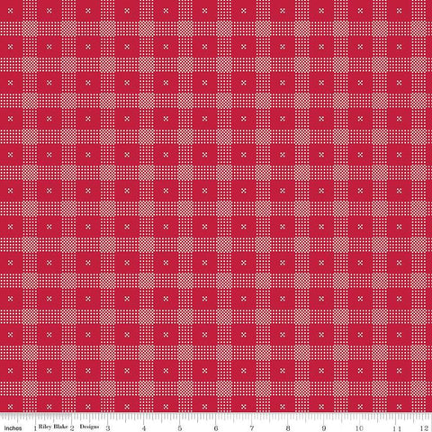 Image of the Red Delicious Candy Apple Red quilting cotton fabric by Riley Blake Designs. Features a red and white dotted plaid pattern on a red background. 
Cute Little Fabric Shop