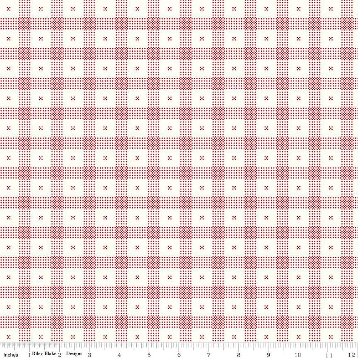 Image of the Red Delicious Candy Apple Cloud quilting cotton fabric by Riley Blake Designs. Features a red and white dotted plaid pattern on a cream background. 
Cute Little Fabric Shop