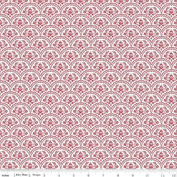 Image of the Red Delicious Strawberry Shortcake Cloud quilting cotton fabric by Riley Blake Designs. Features floral scallops on a cream background. 
Cute Little Fabric Shop