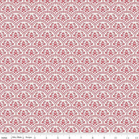 Image of the Red Delicious Strawberry Shortcake Cloud quilting cotton fabric by Riley Blake Designs. Features floral scallops on a cream background. 
Cute Little Fabric Shop