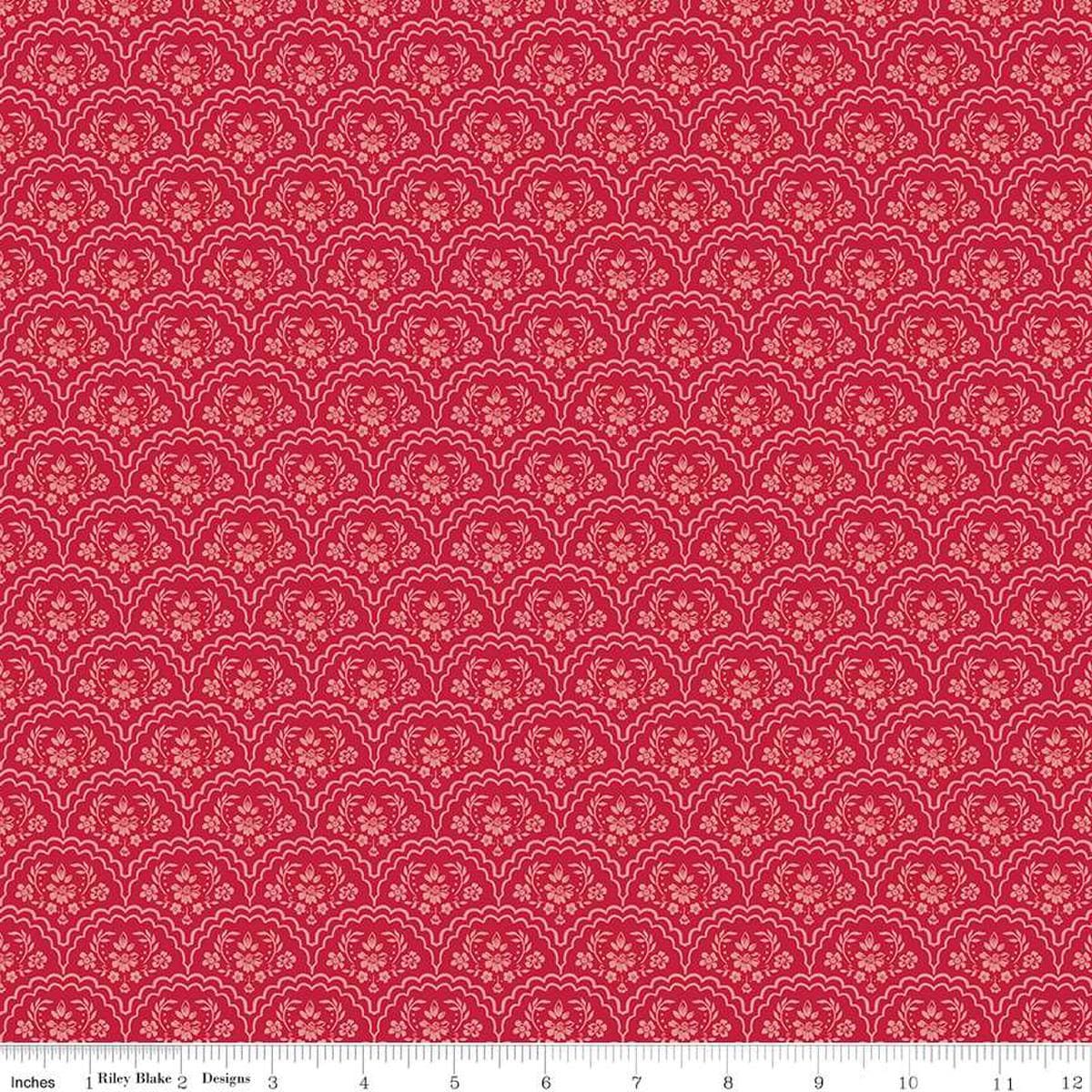 Image of the Red Delicious Strawberry Shortcake Berry quilting cotton fabric by Riley Blake Designs. Features floral scallops on a hot pink background. 
Cute Little Fabric Shop