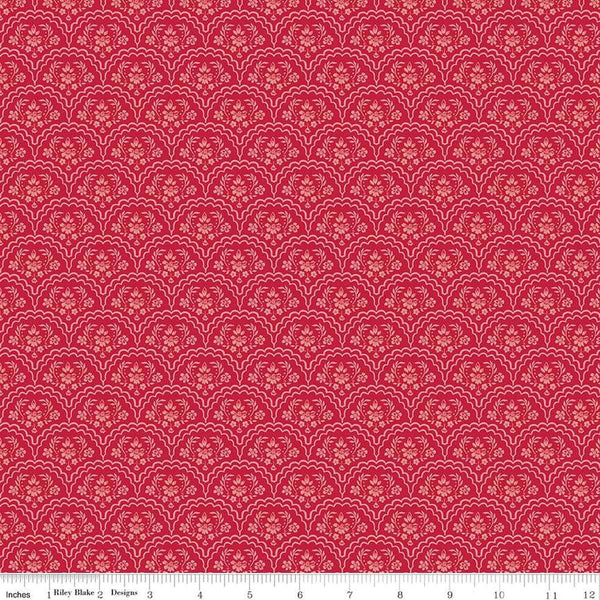 Image of the Red Delicious Strawberry Shortcake Berry quilting cotton fabric by Riley Blake Designs. Features floral scallops on a hot pink background. 
Cute Little Fabric Shop