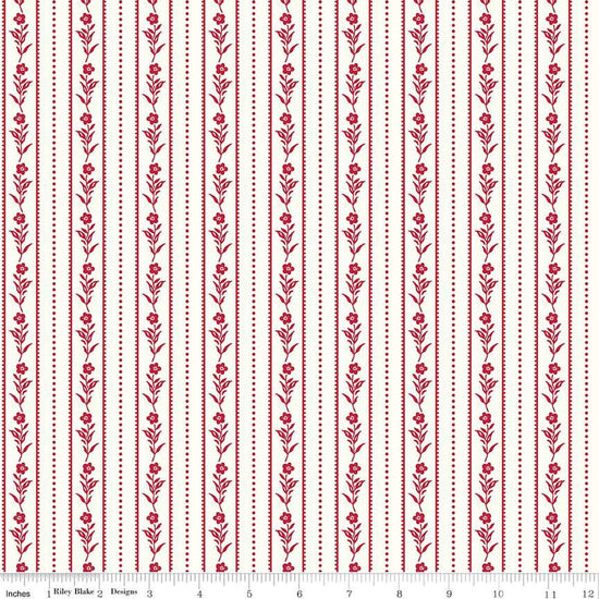 Image of the Red Delicious Currant Jelly Cloud quilting cotton fabric by Riley Blake Designs. Features floral and dotted stripes on a cloud background. 
Cute Little Fabric Shop