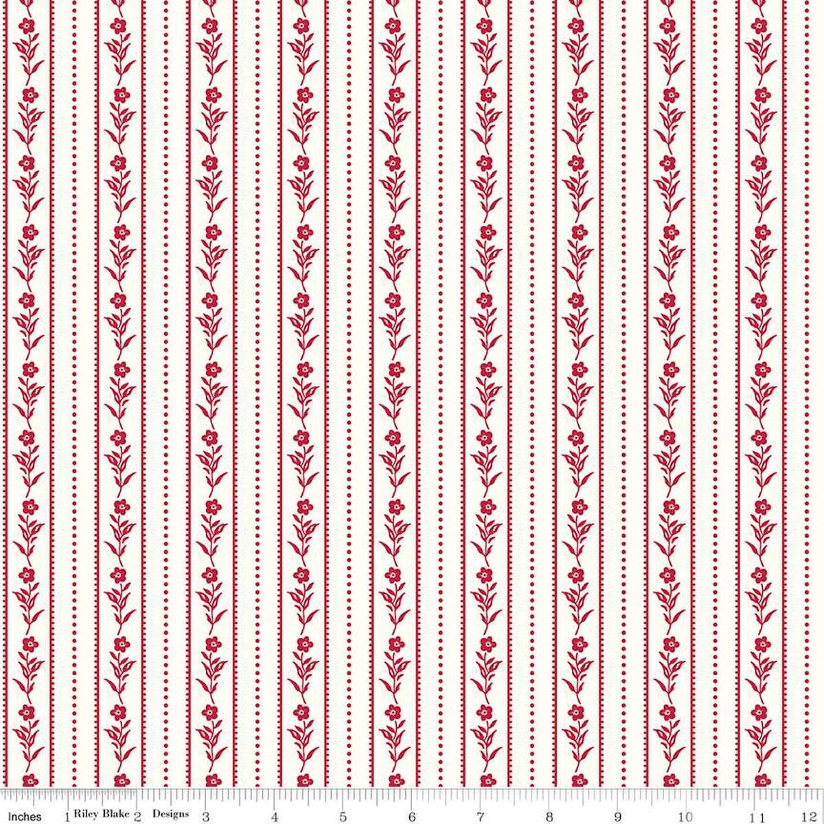 Image of the Red Delicious Currant Jelly Cloud quilting cotton fabric by Riley Blake Designs. Features floral and dotted stripes on a cloud background. 
Cute Little Fabric Shop