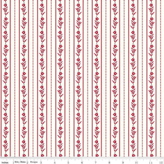 Image of the Red Delicious Currant Jelly Cloud quilting cotton fabric by Riley Blake Designs. Features floral and dotted stripes on a cloud background. 
Cute Little Fabric Shop