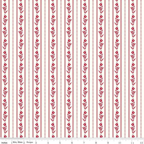 Image of the Red Delicious Currant Jelly Cloud quilting cotton fabric by Riley Blake Designs. Features floral and dotted stripes on a cloud background. 
Cute Little Fabric Shop