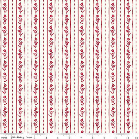 Image of the Red Delicious Currant Jelly Cloud quilting cotton fabric by Riley Blake Designs. Features floral and dotted stripes on a cloud background. 
Cute Little Fabric Shop