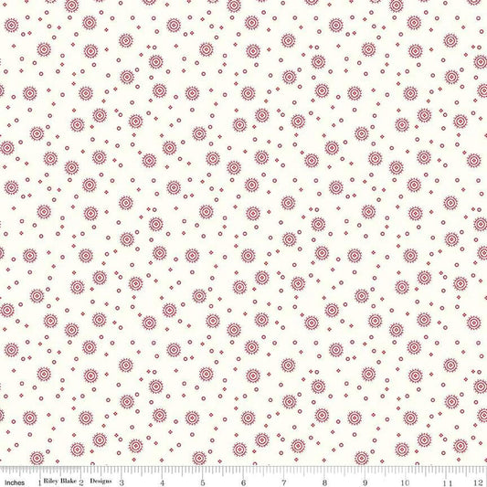 Image of the Red Delicious Cherry Soda Cloud quilting cotton fabric by Riley Blake Designs. Features scattered blossoms and circles on a cream background. 
Cute Little Fabric Shop