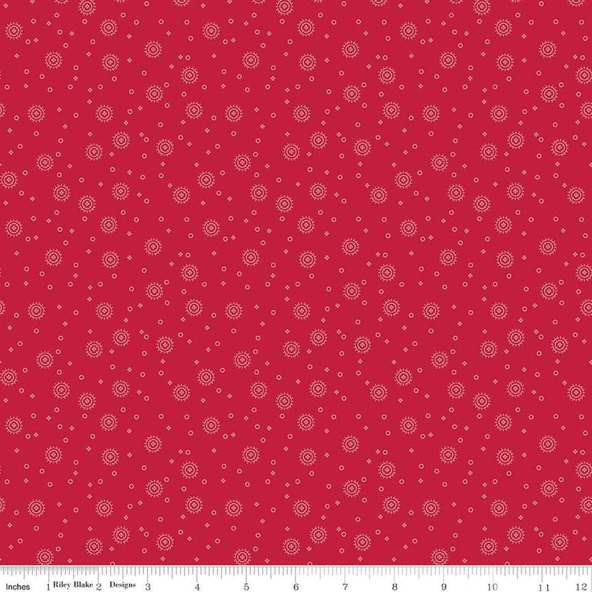 Image of the Red Delicious Cherry Soda Berry quilting cotton fabric by Riley Blake Designs. Features scattered blossoms and circles on a berry background. 
Cute Little Fabric Shop