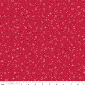 Image of the Red Delicious Cherry Soda Berry quilting cotton fabric by Riley Blake Designs. Features scattered blossoms and circles on a berry background. 
Cute Little Fabric Shop