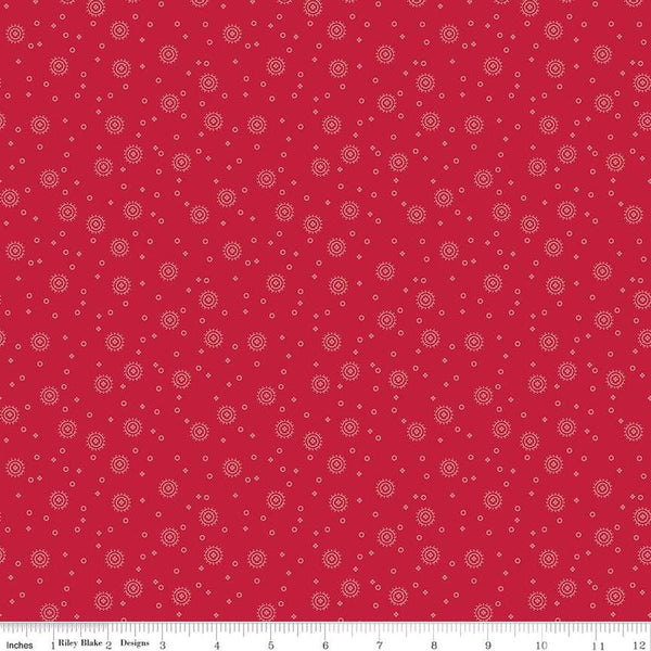 Image of the Red Delicious Cherry Soda Berry quilting cotton fabric by Riley Blake Designs. Features scattered blossoms and circles on a berry background. 
Cute Little Fabric Shop