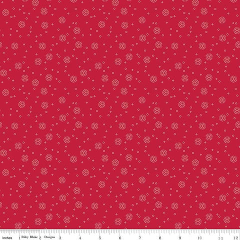 Image of the Red Delicious Cherry Soda Berry quilting cotton fabric by Riley Blake Designs. Features scattered blossoms and circles on a berry background. 
Cute Little Fabric Shop