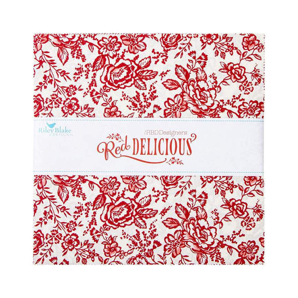 Image of the Red Delicious 10 Inch Stacker by Riley Blake Designs. Features floral fabrics on red and white backgrounds. 
Cute Little Fabric Shop