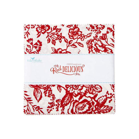 Image of the Red Delicious 5 Inch Stacker by Riley Blake Designs. Features floral fabrics on red and white backgrounds. 
Cute Little Fabric Shop