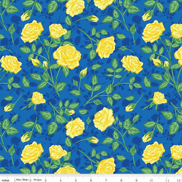 Image of the Friendship Florals Roses Cobalt quilting cotton fabric by Diane Labombarbe for Riley Blake Designs. Features roses and leaves on a blue background.
Cute Little Fabric Shop