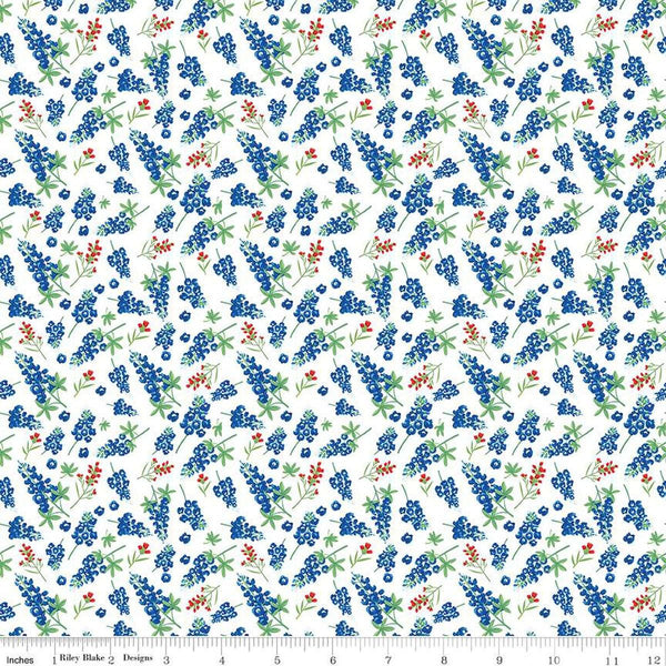 Image of the Friendship Florals Bluebonnets White
 quilting cotton fabric by Diane Labombarbe for Riley Blake Designs. Features scattered sprigs of bluebonnets on a white background.
Cute Little Fabric Shop