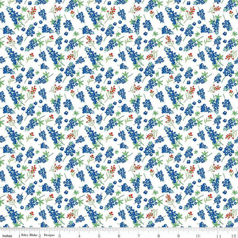 Image of the Friendship Florals Bluebonnets White
 quilting cotton fabric by Diane Labombarbe for Riley Blake Designs. Features scattered sprigs of bluebonnets on a white background.
Cute Little Fabric Shop