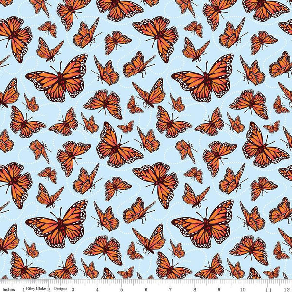 Image of the Friendship Florals Monarchs Sky quilting cotton fabric by Diane Labombarbe for Riley Blake Designs. Features butterflies scattered on a light blue background.
Cute Little Fabric Shop